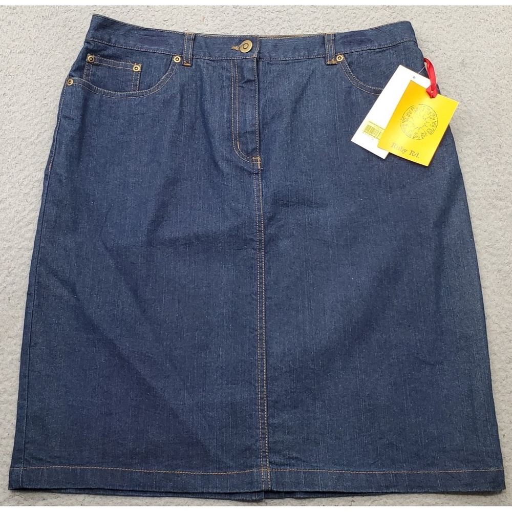 Ruby Rd. A-Line Skirt Womens 10 Blue Denim Stretch 5 Pocket Elastic Waist